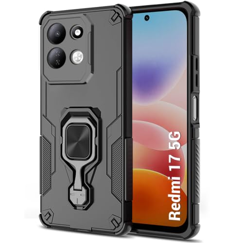 Image of TheGiftKart Tough Armor Bumper Back Case Cover for Mi Redmi 17 5G | Ring Holder & Kickstand in-Built | 360 Degree Protection Back Case Cover for Redmi 17 5G (PC & TPU, Black)