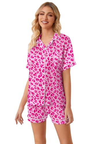 Image of Umeyda Women & Girls Pajamas Set, Soft Satin Lightweight Silk Button-Down Top with Shorts 2 Piece PJS for Mom Boys Kids Gifts