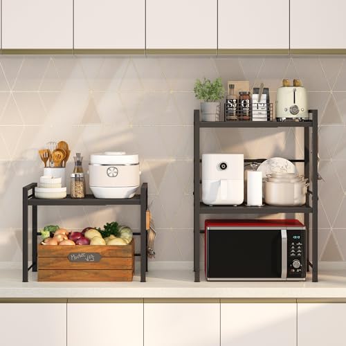 Image of DOLALIKE Expandable Microwave Rack, Countertop Kitchen Utensils Tableware Storage, Carbon Steel 3 Tier Shelf with 3 Hooks