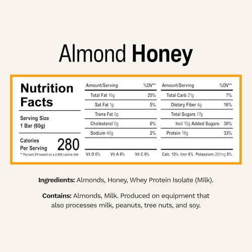 Rise Breakfast Whey Protein Bars Almond Honey, 18g Protein, 2.01 oz (12 Pack)