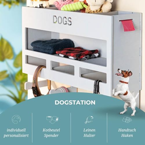 INEXTERIOR Hundegarderobe XXL - aus Holz - Handgefertigt in Deutschland - Mit großer Ablage und Kotbeutelspender - Garderobe für Hundeleinen (Grau)