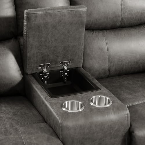 Image of CANMOV Faux Leather Manual Reclining Sofa Set, Manual Recliner Sofa and Recliner Loveseat with Center Console, Hidden Storage and Cup Holders for Living Room,Bedroom Furniture,Grey