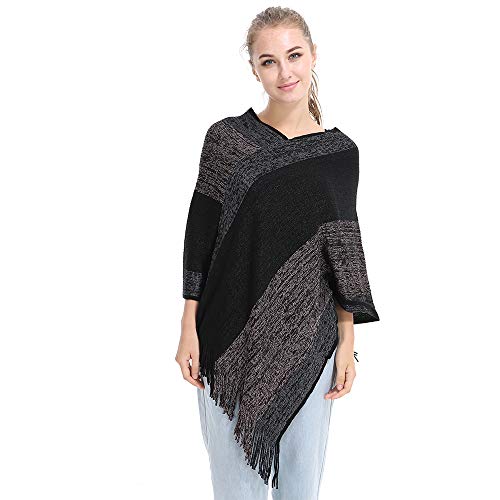 Image of Women's Elegant Knitted Shawl Poncho with Fringed V-Neck Striped Sweater Pullover Cape Gifts for Women Mom