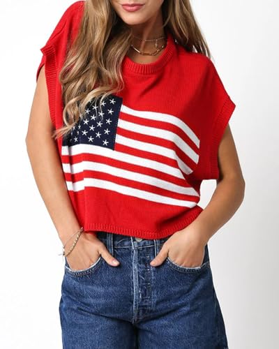 Image of Womens American Flag Sweater Cap Sleeve Summer Crop Tops Crew Neck Loose Fit Knit Sweater Pullover Top