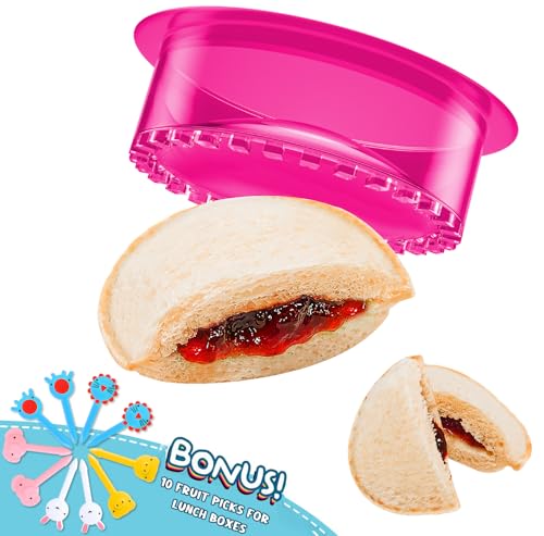 Image of Sandwich Cutter and Sealer - 5 PCS Decruster Sandwich Maker - Peanut Butter and Jelly Crustless Sandwich Bread Pancake Maker Cookie Cutter (Round Fuchsia and FruitPicks)