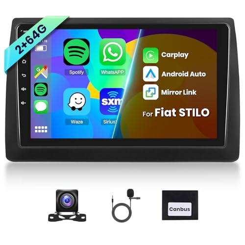 Hodozzy 2GB+64GB Android Autoradio pour Fiat Stilo 2002-2010 Carplay sans Fil Android Auto, Écran Tactile 9 Pouces, GPS WiFi, Bluetooth, FM/RDS, Mirror Link Radio 2 Din...