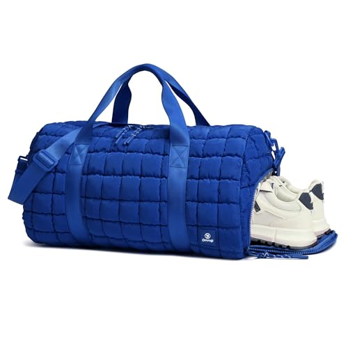 Quilted Gym Bag for Women,Duffle Bag for Travel with Wet Pocket,Carry on Weekender Bags for Women,Travel Bag with Shoe Compartment (Blue)