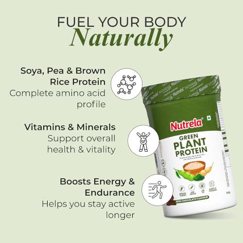 Image of Nutrela Green Plant protein Powder - 500g (Chocolate) | Brown Rice & Pea with Multivitamins & Minerals