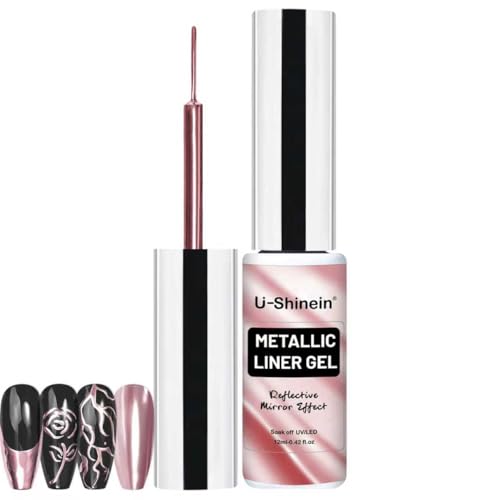 U-Shine Gel de pintura metálica, esmalte de uñas 3D efecto espejo, gel de construcción en pincel fino para salón de belleza casero, manicura de bricolaje, oro rosa