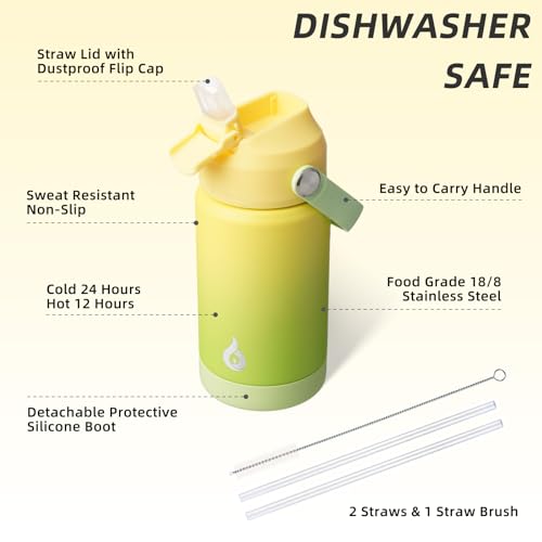 Image of BJPKPK Insulated Water Bottle with Straw Lid, 12oz Thermo Water Bottles, Flex Handle & Non-slip Boot, BPA Free Leak Proof Stainless Steel Metal Thermo, Tumblers, Cups,Fresh Green