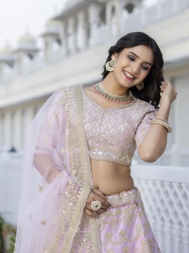 TRENDMALLS Women\'s Satin Embroidery Bridal Lehenga Choli with Net Dupatta Ready To Wear (-L148-Pink-L-)