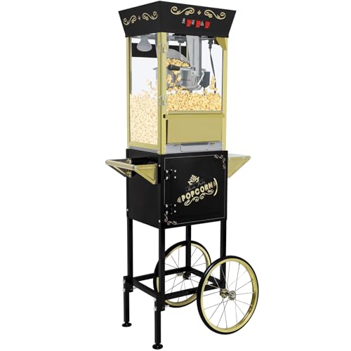 Image of 12 oz Popcorn Machine Cart - Commercial Vintage Popcorn Maker with Storage Stand, Stainless Steel Kettle & Tempered Glass, Ideal for Home Theater, Party Concessions and Carnival Events (Black)