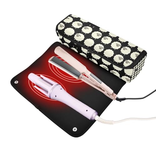 Bolsa de viaje para herramientas de cabello y alfombrilla resistente al calor con cremallera impermeable para rizadores, planchas y accesorios de cuidado capilar, organizador divertido de ovejas estilo caricatura miniatura 2