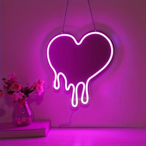 Image of Heart Pink Neon Sign, for Wall Decor, LED Dripping Heart Acrylic Makeup Mirror Neon Signs With Base and Dimmer Switch, for Bedroom Makeup Mirror Home Decor Living Room Bar Wedding Party