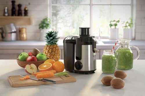 Moulinex Frutelia + Extracteur de jus Moulinex, 400 W, 2 vitesses +‏ Pulse, Centrifugeuse compacte, Collecteur de pulpe 950 ml, Système anti-goutte, Compatible lave-vaisselle JU420D10