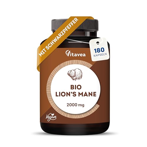 Lions Mane 2000 mg – Bio Hericium Erinaceus Extrakt 30:1 Mit +40% Beta Glucan – 180 Kapseln Löwenmähne (3 Monate) – Mit Bio-Schwarzem Pfeffer – Laborgeprüft – Vitavea