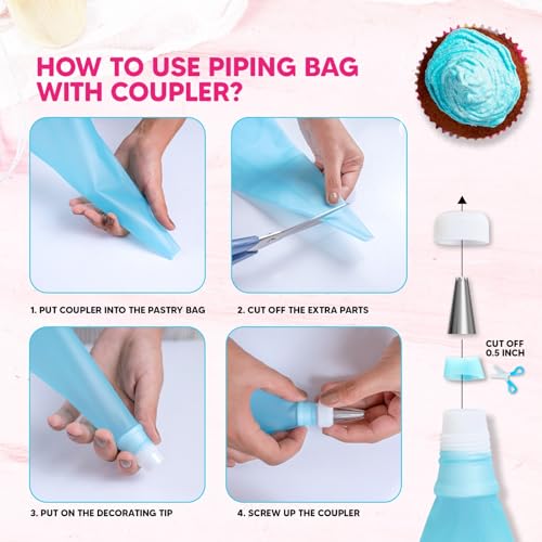 Riccle Piping Bags and Tips Set, 11.8 Inch 100 Anti Burst Piping Bags, 124 Pcs Cake Decorating Kit with 16 Piping Tips, 1 Reusable Pastry Bags, 3 Cake Scrapers, 2 Couplers, and 2 Icing Bags Ties image 5