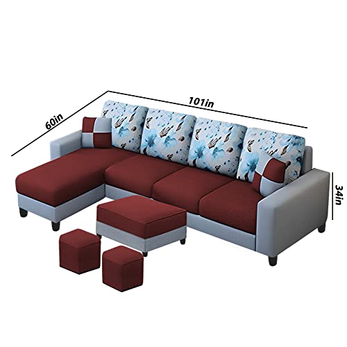 Image of Orland 8 Seater LHS L Shape Sofa with Center Table & 2 Puffy | Color - (Maroon Grey Fabric)