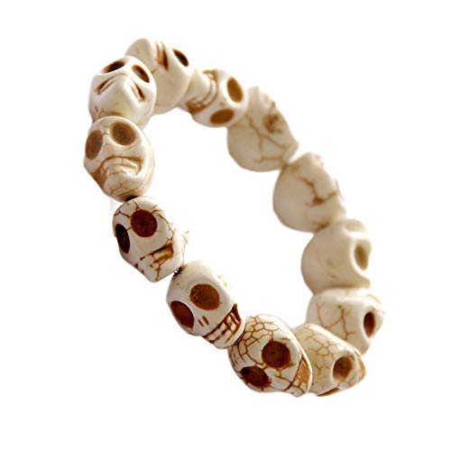 Punk Personality Colorful Skull Bead Skeleton Bracelets Delicate Gothic Charm Head Bone Stone Seed Elastic Strand Bracelets Tibetan Prayer Mala Bangle for Men Women Hip Hop Jewelry