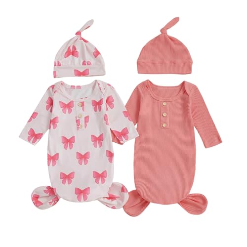 Merqwadd 2-Pack Baby Sleeper knotted Gown Boy Girl Nightgown with Hat Set (Ribber Pink&Bow,0-3 Months)