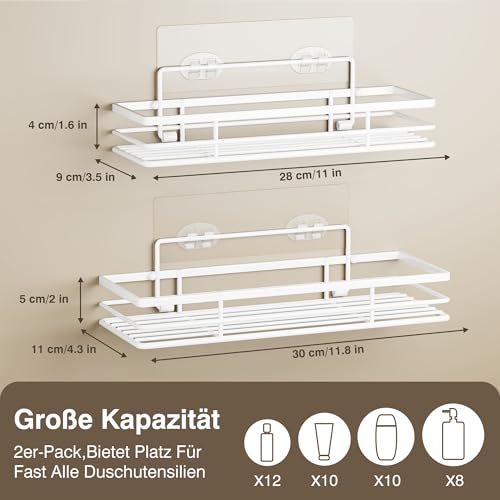 saffruff Duschablage Ohne Bohren 2 Stück Duschregal Weiß Duschkorb Badezimmer Organizer, Regal Badregal Shampoo Halterung für Dusche Küche Bathroom, mit 2 Klebeflächen