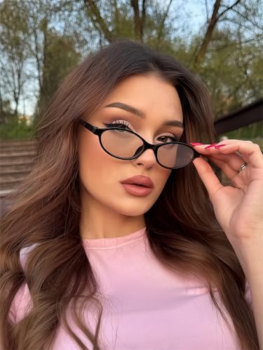 Image of GUVIVI Retro Oval Sunglasses for Women Chic Cat Eye 90s Sunnies Lightweight Narrow Shades Trendy UV protection Sun Glasses
