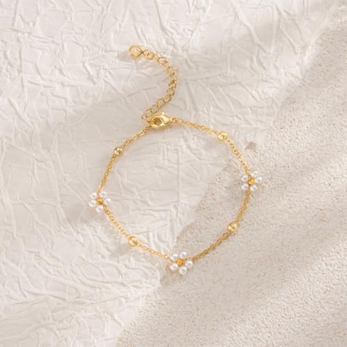 Foxgirl Gold Pearl Bracelets for Women, Freshwater Pearl Bracelet Stack 14K Gold Plated Hand Chain Dainty Flower Bracelets CZ Beaded Bracelets Stackable Trendy Jewelry Gifts for Her4