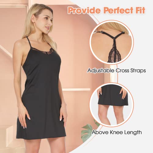 Image of MANCYFIT Women's Full Slips Lace V-neck Adjustable Strap Sleepwear Dress