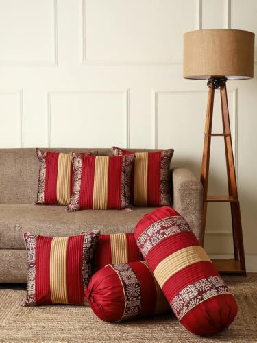 Image of Gifts Island Combo Silk Traditional Striped & Rajasthani Warli Golden Hand Printed Pillow Cushion Covers 16x16 inches Set of 5 & Round Pillow Bolster Covers Set of 2 16x32 inches (Dark Maroon)
