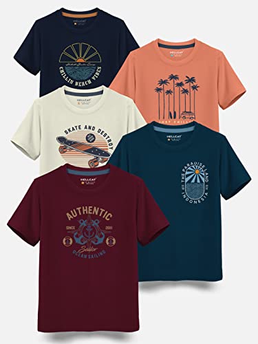 Image of HELLCAT Boys Round Neck Printed Blended Cotton Tshirt -Combo Pack of 2 - Orange /Blue