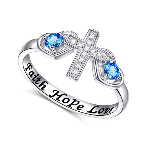 Inspirational Jewelry Sterling Silver Engraved Faith Hope Love Heart CZ Sideway Cross Ring, Size 7