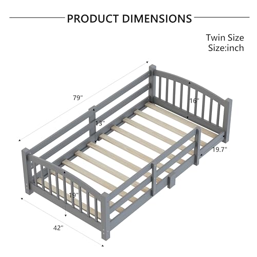 Image of Bellemave Twin Size Kids Montessori Floor Bed,Twin Size Floor Bed Frame with Slats and Safety Guardrail,Solid Wood Montessori Bed for Girls Boys,Gray