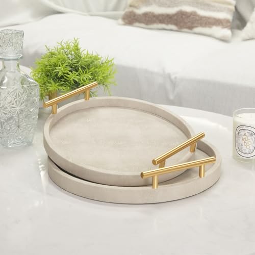 UPPER DECOR Modern Shagreen Tray, Round Serving Tray with Gold Polished Metal Handles, Decorative Trays Coffee Table Ottoman Trays for Living Room Bathroom Home Decor, Set of 2 (Ivory) by UPPER DECOR - Used condition - Image 5