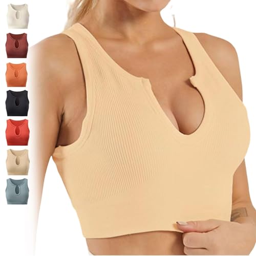 Getheyshape Shape Me Up Crop top con forma integrada, brasier deportivo con tirantes delgados para mujer, sin costuras, cuello en U, ombligo, yoga, brasier deportivo, Piel, S
