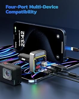 Nulaxy 54W Bluetooth 5.3 Car Adapter with 4 Charging Ports [PD 36W & QC3.0 18W], Wireless Radio FM Transmitter with Deep Bass Player & 5 Colors LED Backlit, Hands-Free Calling - Silver