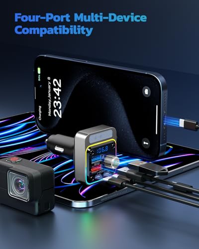 Nulaxy 54W Bluetooth 5.3 Car Adapter with 4 Charging Ports [PD 36W & QC3.0 18W], Wireless Radio FM Transmitter with Deep Bass Player & 5 Colors LED Backlit, Hands-Free Calling - Silver