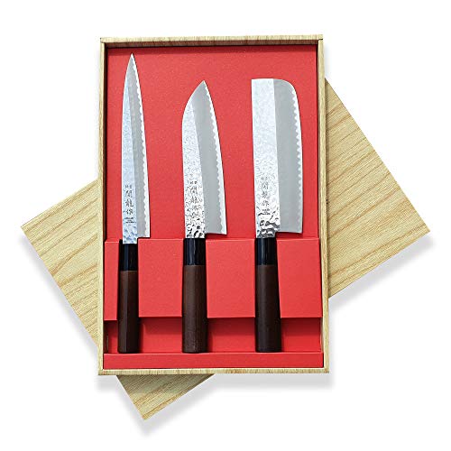 Sekiryu SR0800 Lot de 3 couteaux japonais Tsuchime Sashimi Santoku & Nakiri Lame en acier inoxydable
