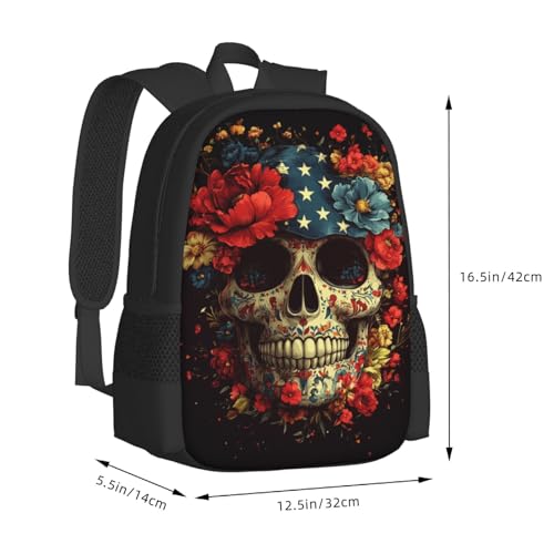 Image of Floral Skull Print Backpack For Men Women Lightweight Daypack For Daily Commutes Business Travel Hiking