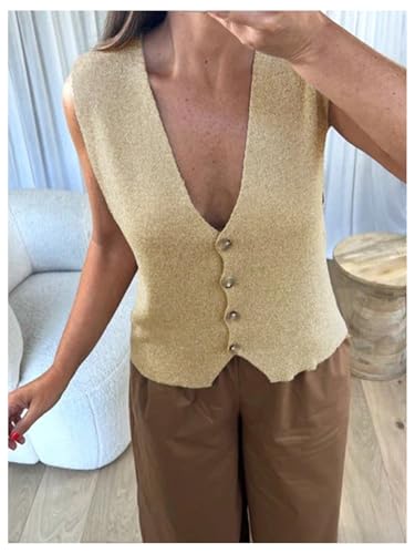 GORGLITTER Women's Crochet Button Down Vest Tops Summer Sleeveless Knit Cardigan Cowboy Chic Oufits3