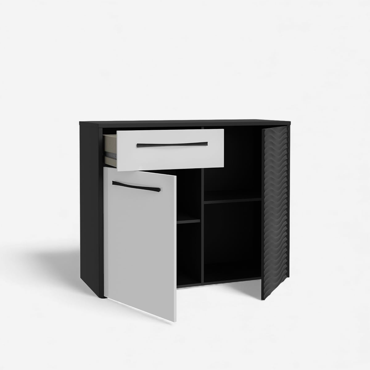 Produce Shop Buffet en chêne et noir avec vague, design salon, 109 x 88 cm, Karlshamn - Blanc - Noir