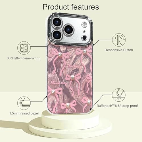 Image of VONZEE Compatible with iPhone 17 Pro / 18 Pro Case Luxury Pink Girly Cute 3D Bow Pearl Glitter Bling Case with Full Camera Protection Shockproof PC+TPU Glossy Shiny Cover for Girls Women, Pink