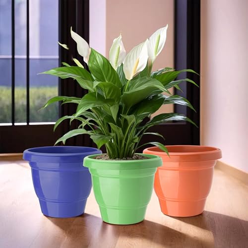 Image of Urbane Home (Pack of 3) Flower Pot | 2-Layer Fuldani Flower Pot | (6 Inch) Pots for Terrace, Garden | Phooldaan for Home Decor | Indoor Plant Stand | Plants Stand | Green-Blue & Orange