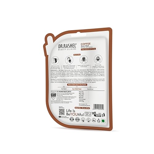 Image of DR.RASHEL Coffee Face Sheet Mask With Serum For Women and Men | All Skin Types | Soft and Healthy Skin | Deep Cleansing & Oil Control | Repairing & Nourishment | Soothing And Hydrating | Paraben Free | Pack Of 2 | 20 Grams Each