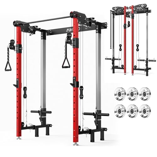 Mikolo Folding Squat Rack, Wall Mounted Power Rack with Cable Crossover Machine & LAT Pull Down, Functional Trainer with 5 Adjustable Function Modes, with Aluminum Pulleys (Red)