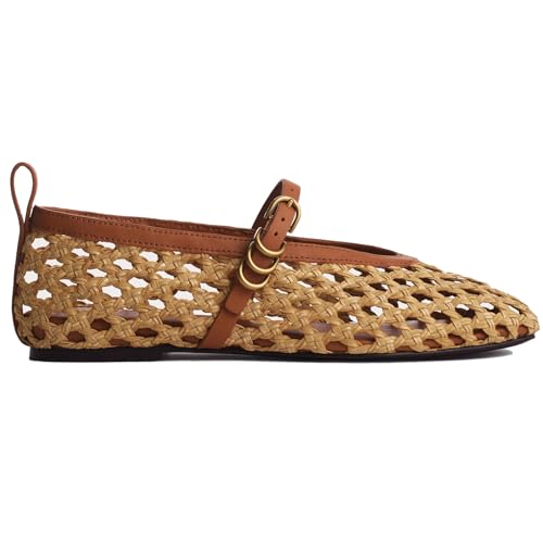 Raffia Woven Mesh Ballet Flats for Women Comfortable Metal Buckle
