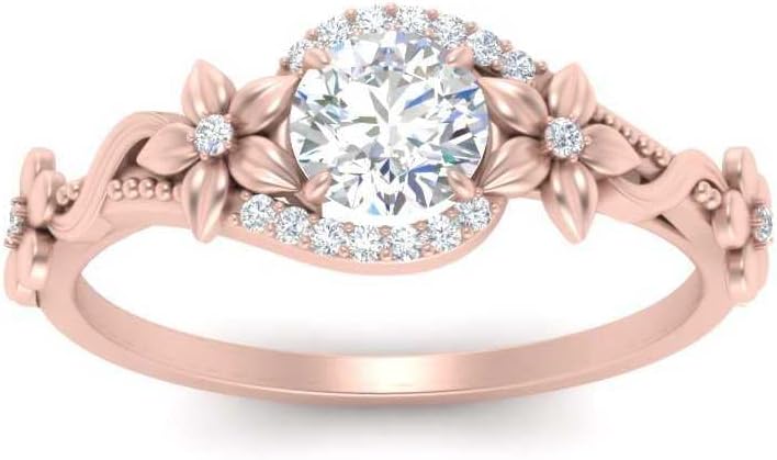 Choose Your Gemstone Round Floral Halo Diamond CZ Ring Rose Gold Plated Round Shape Halo Engagement Rings Everyday Jewelry Wedding Jewelry Handmade Gifts for Wife US Size 4 to 12