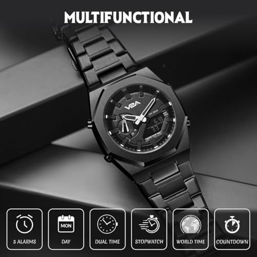 Image of V2A Allure Analogue-Digital Watch for Men, Alloy Case, Stainless Steel Band, 30M Water Resistant, 5 Alarms, World Time, Countdown, Stopwatch Men Watch | Birthday Gift for Man (Black-Black)