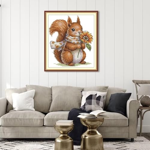 Image of CROSSDECOR Stamped Cross Stitch Kits Full Range of DIY Needlepoint for Adult Beginners Pattern, for Gift and Home Decor 14CT 2 Strands Squirrel,8.27x9.84 inch