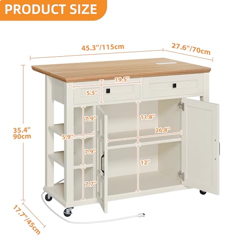 DWVO Rolling Kitchen Island with Drop Leaf, Mobile Storage Islands with Power Outlet Foldable Tabletop, 2 Drawers and Open Shelves, for Living Room, Dining Room, Off White