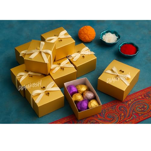 Image of Divyakosh 12 Pcs Multipurpose Golden Folding Gift Boxes with Ribbon|Decorative Empty Boxes for Wedding, Diwali, Birthday & Party Return Gifts|Paper Boxes for Sweets, Chocolates